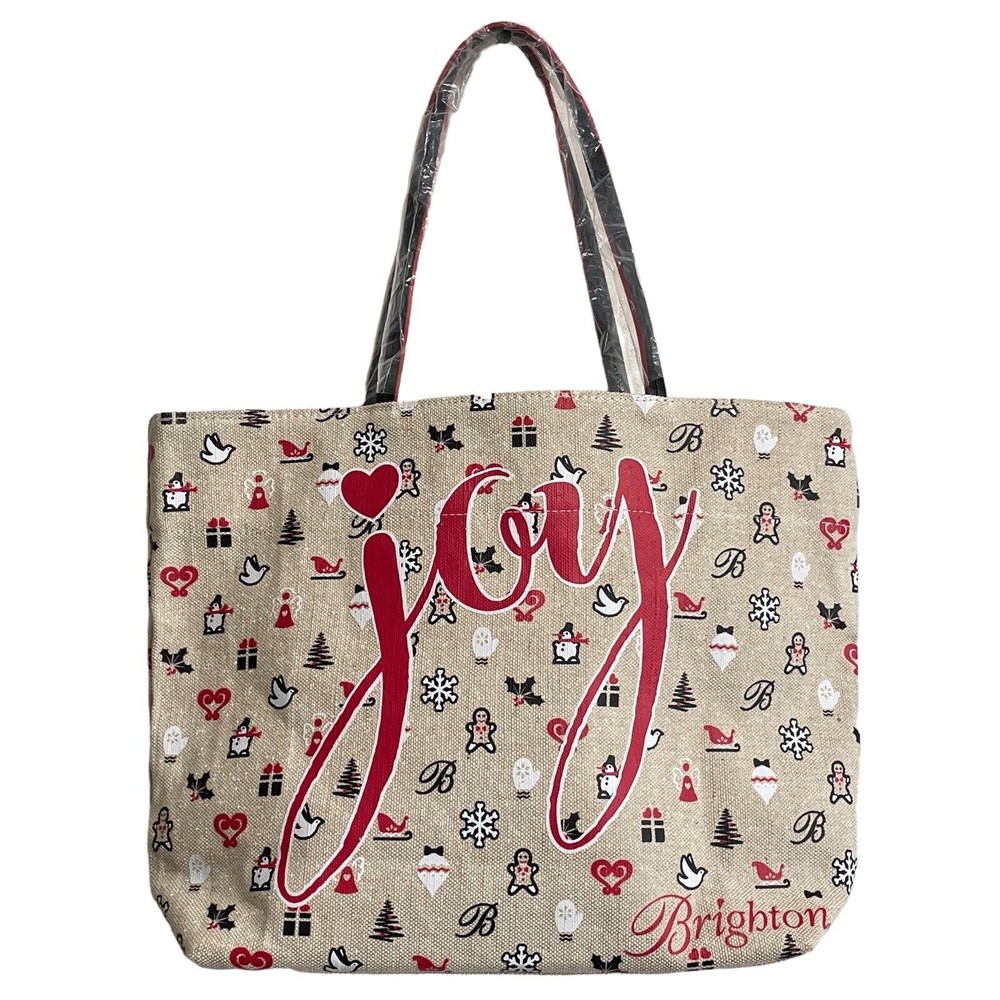 Brighton Beige Tote with Red 'Joy' Script and Holiday Icons